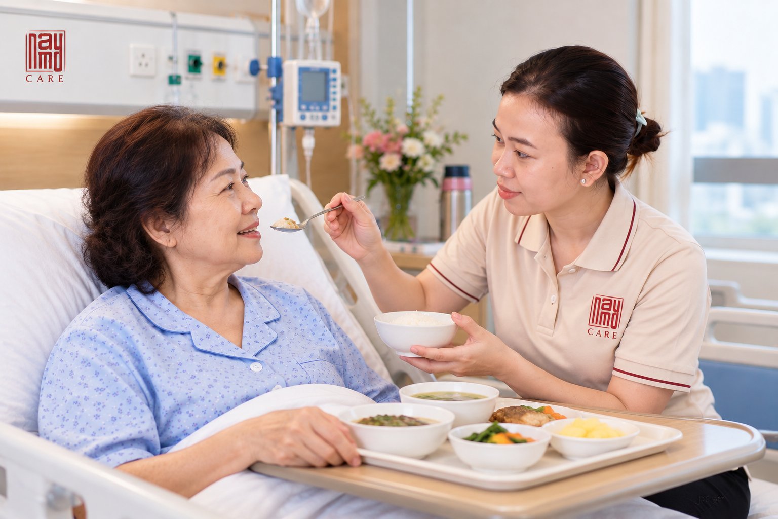Caregiver Namy Care hỗ trợ người bệnh ăn uống tại bệnh viện