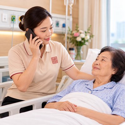 Caregiver gọi điện cập nhật tình trạng người bệnh cho gia đình