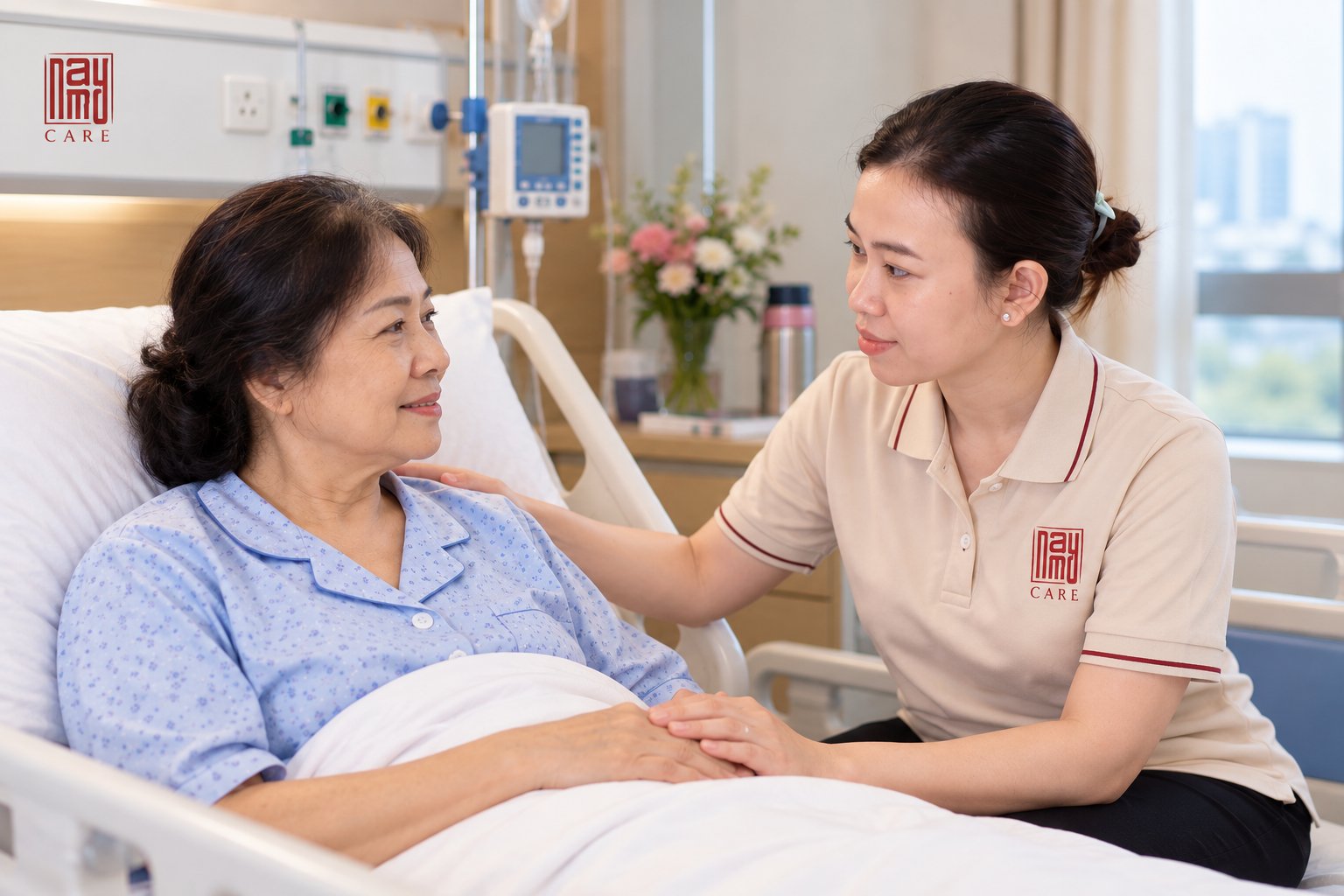 Caregiver Namy Care trò chuyện, động viên người bệnh tại bệnh viện