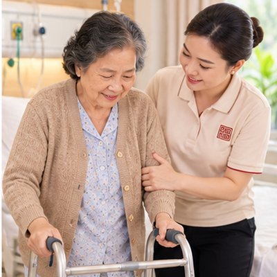 Caregiver hỗ trợ người cao tuổi đi lại bằng khung tập đi
