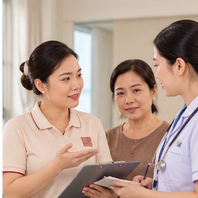 Caregiver phối hợp với gia đình và nhân viên y tế
